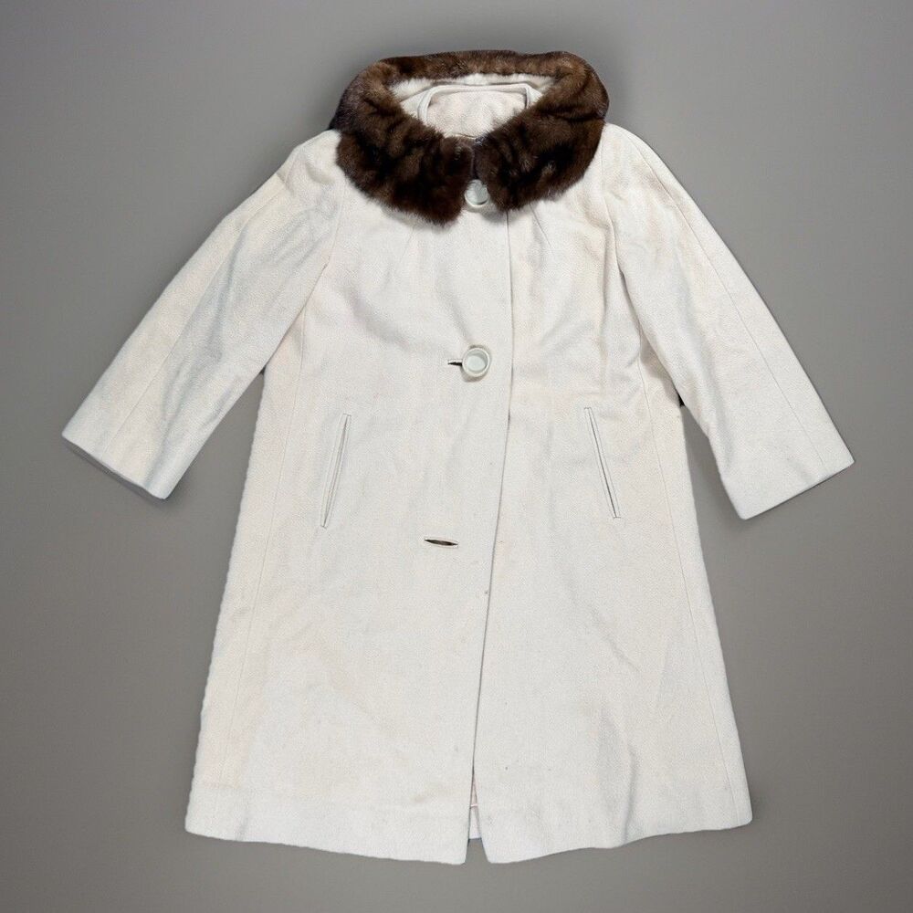 Vintage 50s Wool Button Up Swing Overcoat With Fur Trim Collar Womens Small